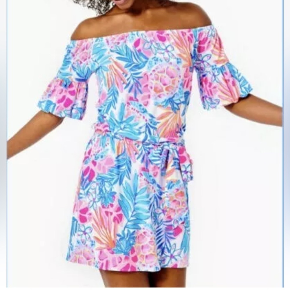 Lilly Pulitzer Samia Off Shoulder Romper S, Resort White Rainforest Retreat. - Picture 2 of 7